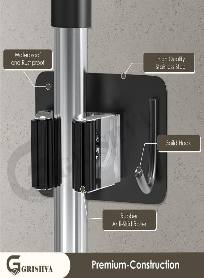 GRISHVA Stainless Steel 1 Rack With 1 Hook Heavy Duty Wall Mounted Broom And Mop Stick Holder, Hanging Tools For Home Kitchen Garden Laundry Garage (Black), Floating Shelves - Image 3